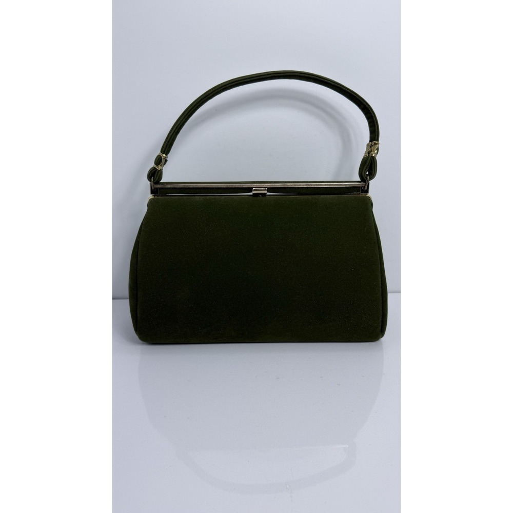 Vintage Olive Dark Green Velour Velvet Gold Frame Clasp Top Handle Handbag Purse